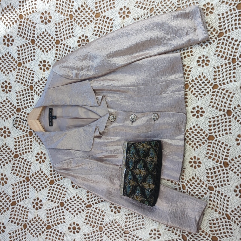 Nipon Boutique Silvery Lilac Shimmer Blazer With Heavy Metal Crystal Buttons